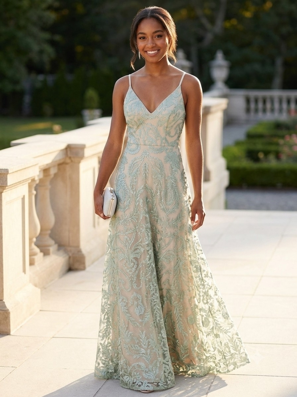 Speechless Sage Green Glitter Embroidered V-Neck Gown - Size 1